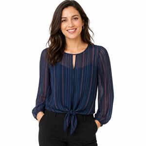 Pink Rose Women's Sheer Navy Blue Striped Keyhole Tie Front Blouse